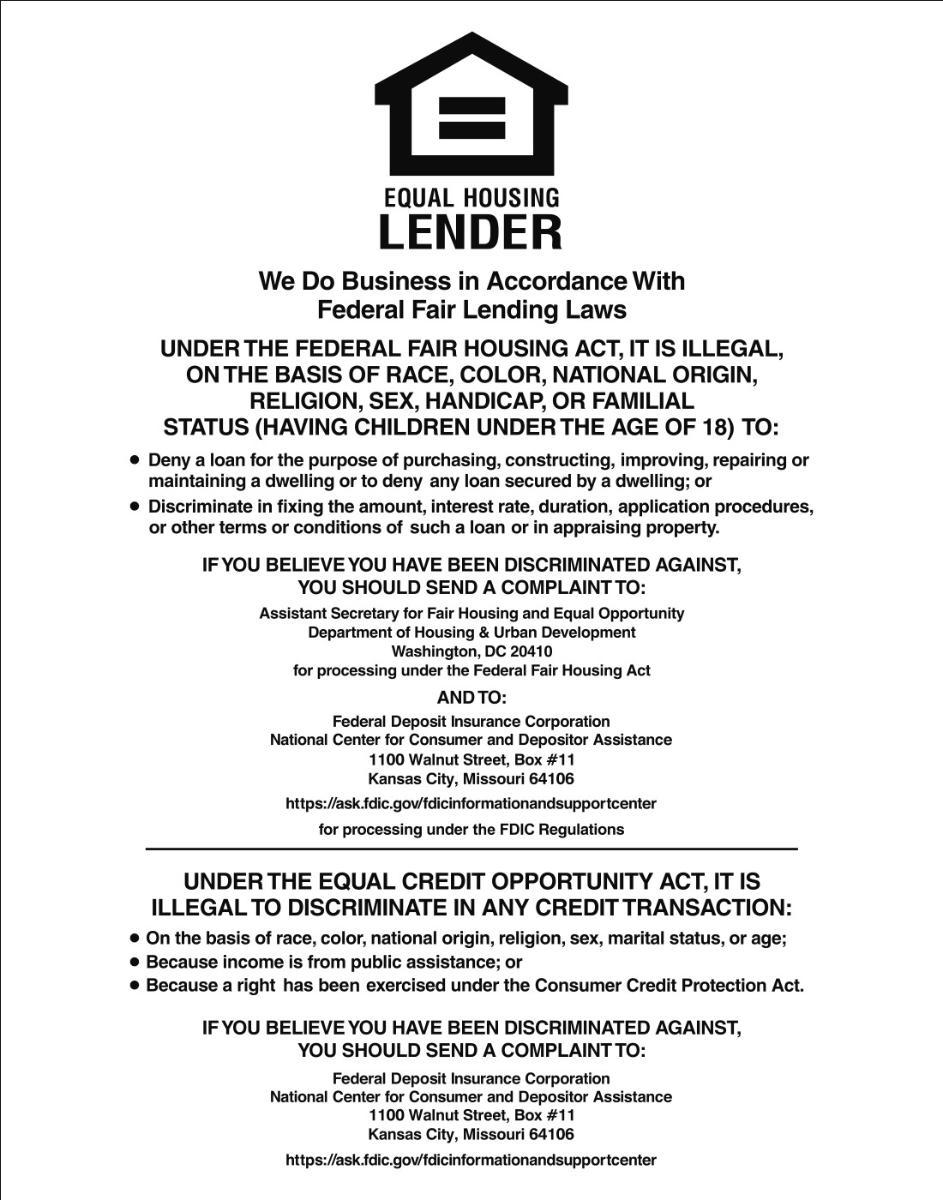 Equal Housing Lender Mandatory Wall Sign On Cardstock Paper (FDIC BANKS) White 11x14 - Main Image