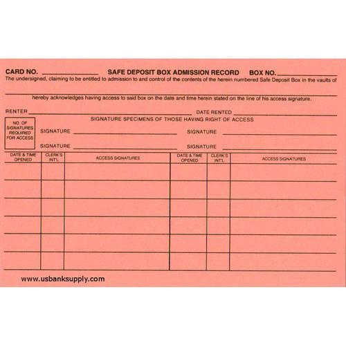 SAFE DEPOSIT BOX ADMISSION RECORD CARDS -- TWO SIDED (PACK OF 100) - Main Image